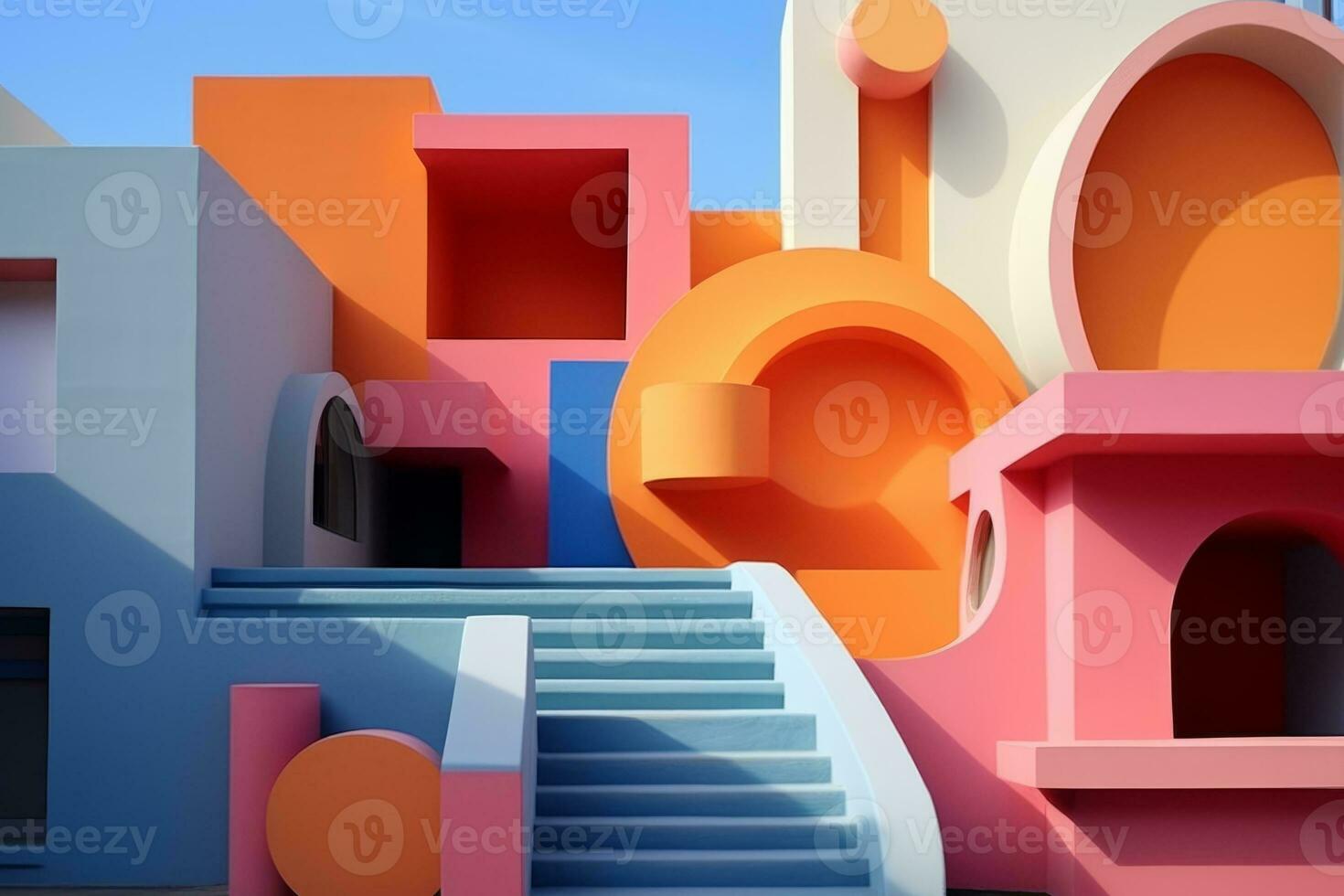 A colorful building with a staircase leading up to it. Generative AI photo