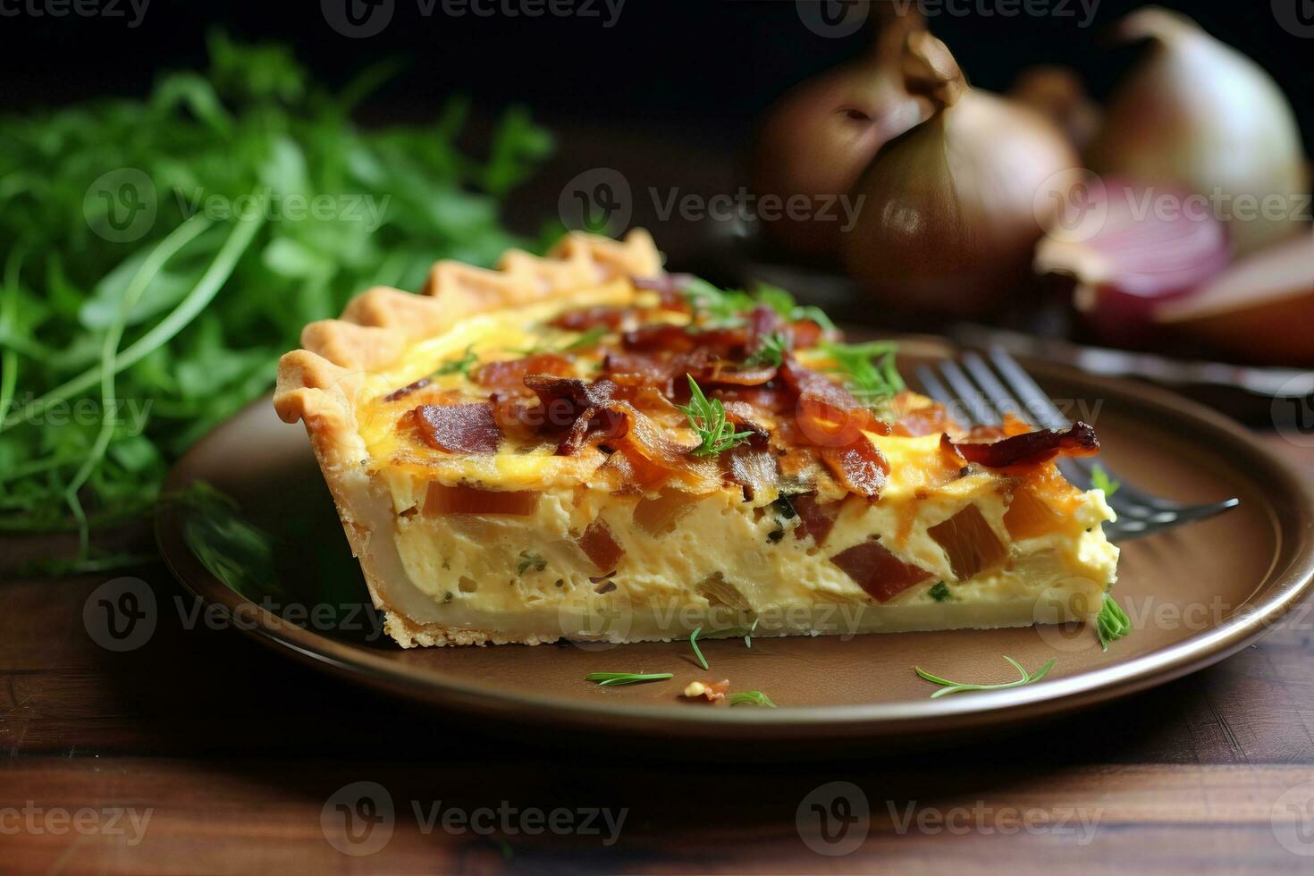Bacon and caramelized onion quiche. Generative AI photo