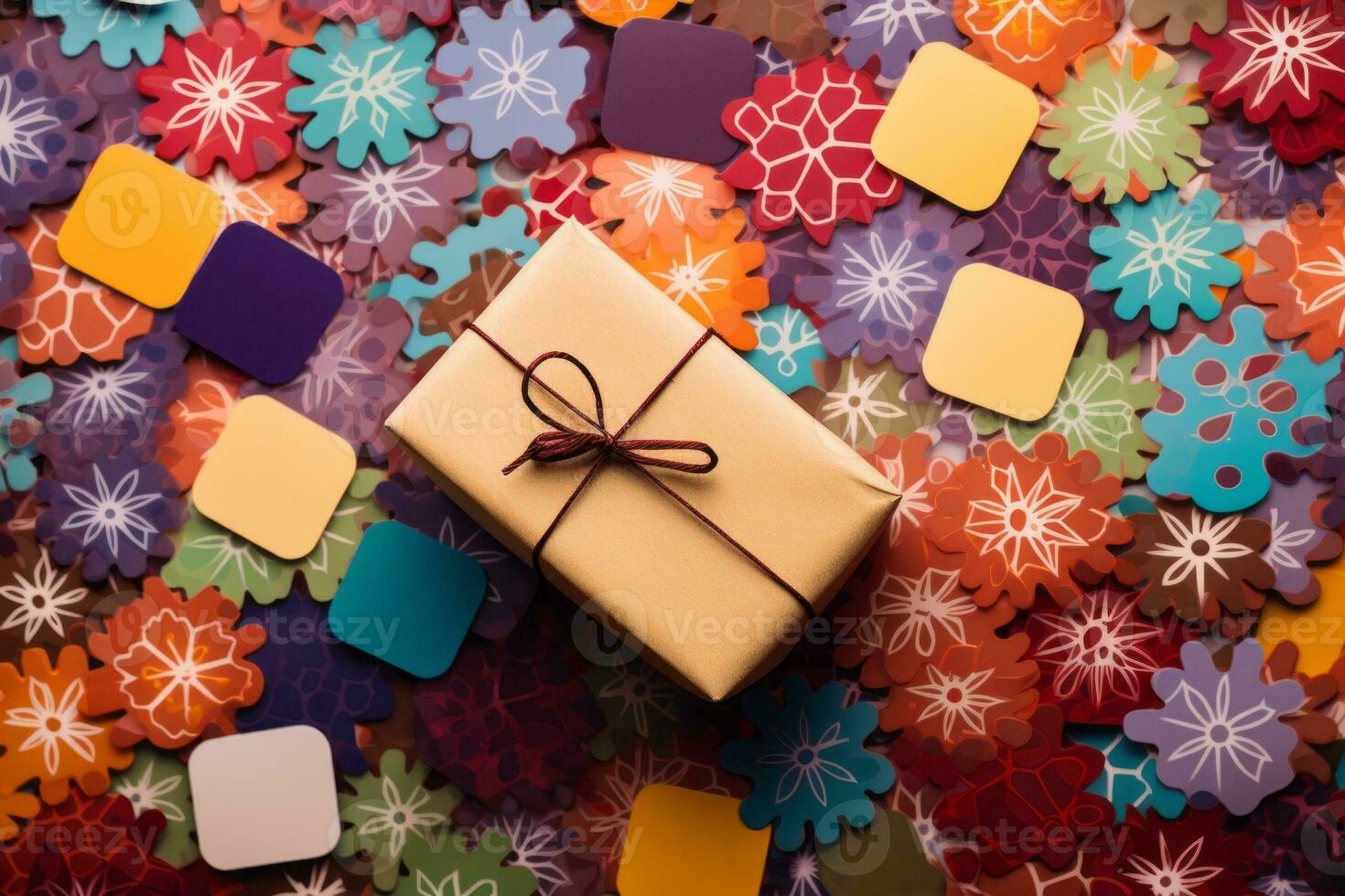 Gift wrapped in paper surrounded by paper flowers. Generative AI photo