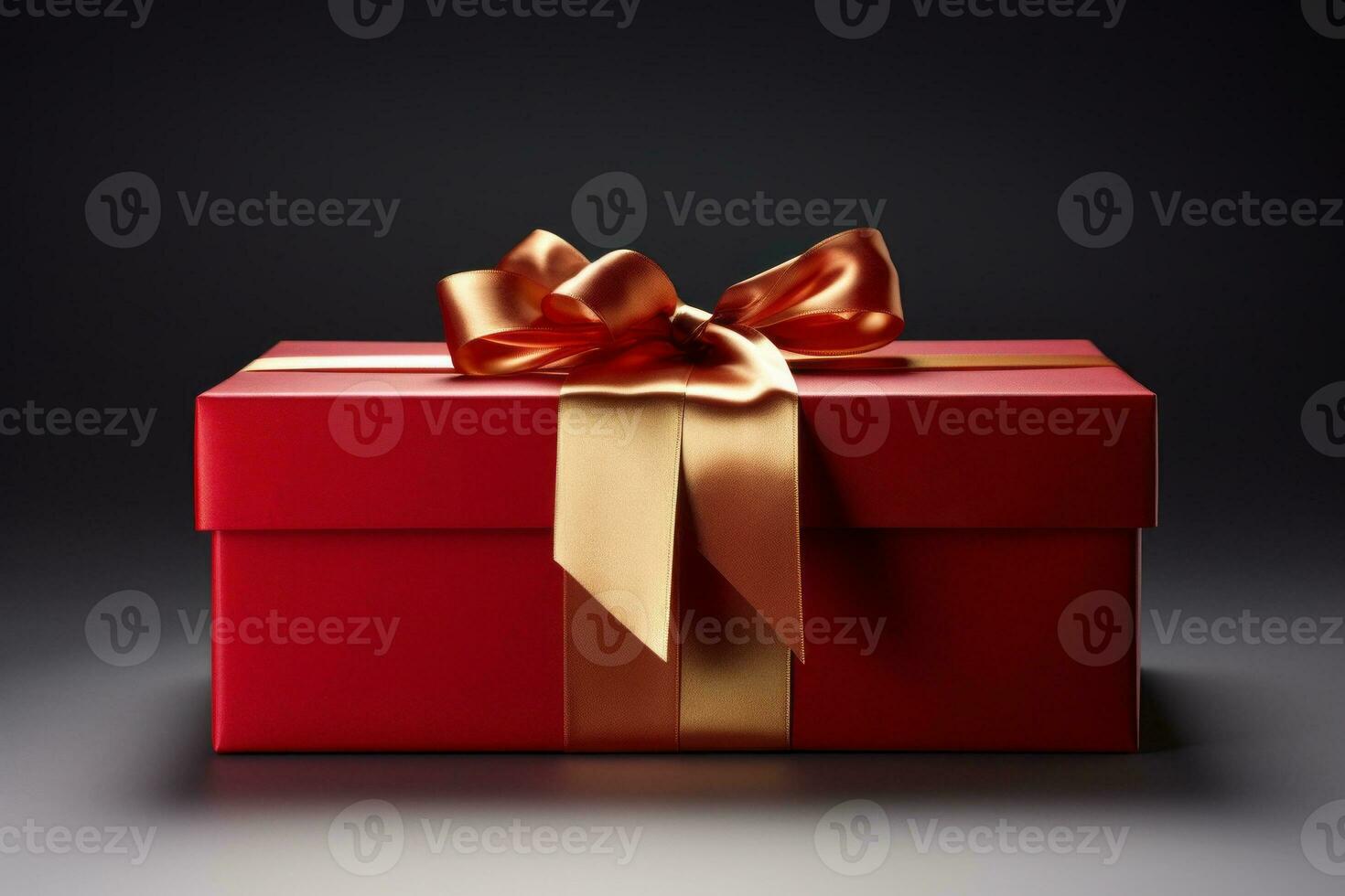 Red gift box with a gold bow. Generative AI photo
