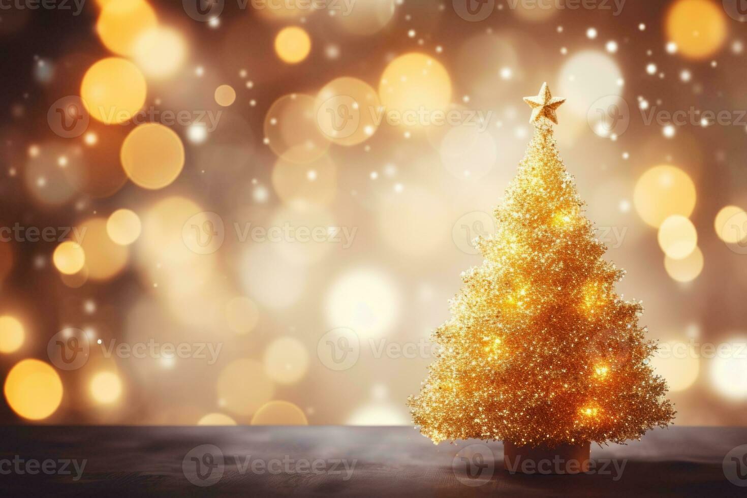 Shiny gold christmas tree on a table. Generative AI photo