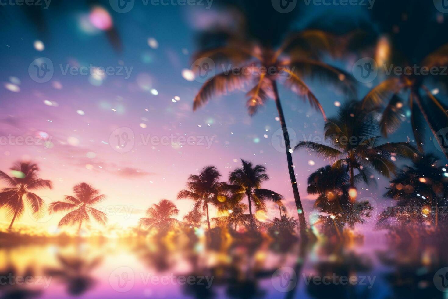 A blurry photo of palm trees at night. Generative AI