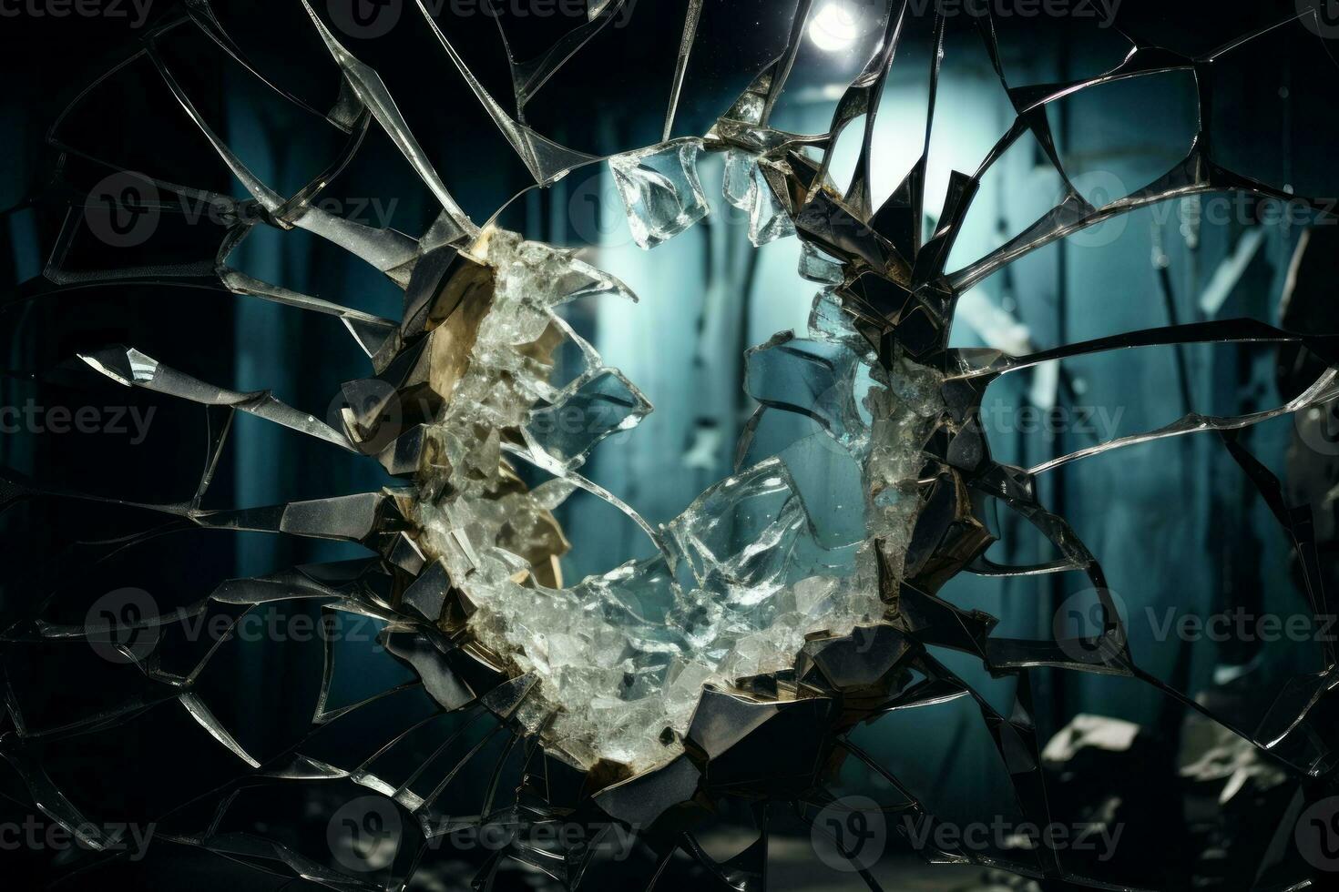 Broken glass window with a light shining through it. Generative AI photo