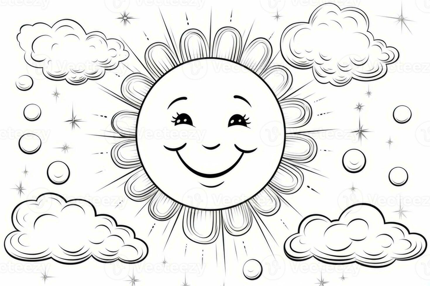 Children's coloring page with a cheerful sun and smiling clouds. Generative AI photo