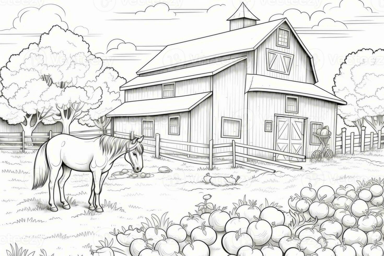 Children's coloring page of a farm with barn and animals. Generative AI photo