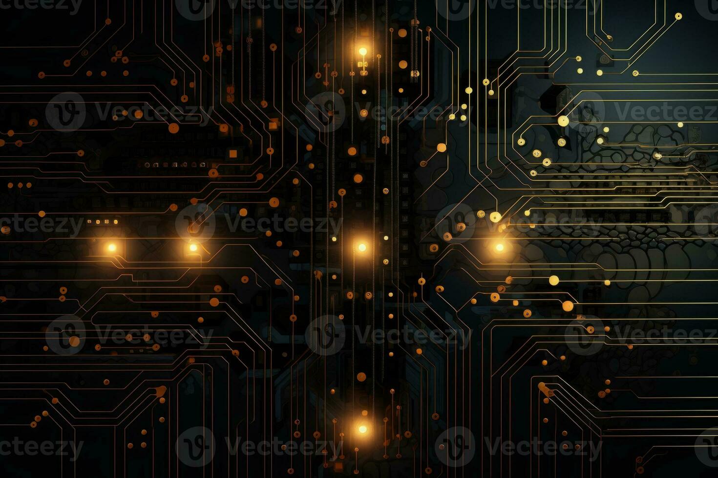 Circuitry pattern with glowing elements. Generative AI photo