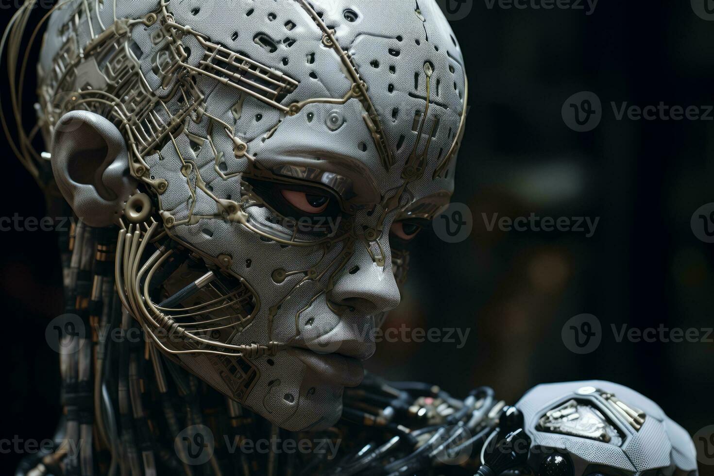 Robot with a clock face, representing the fusion of technology and time. Generative AI photo