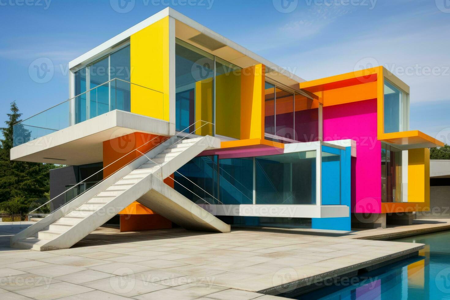 A multicolored building with a pool. Generative AI photo