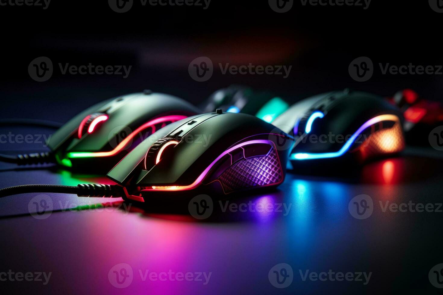 Close ups of RGB lit gaming mouse. Generative AI photo
