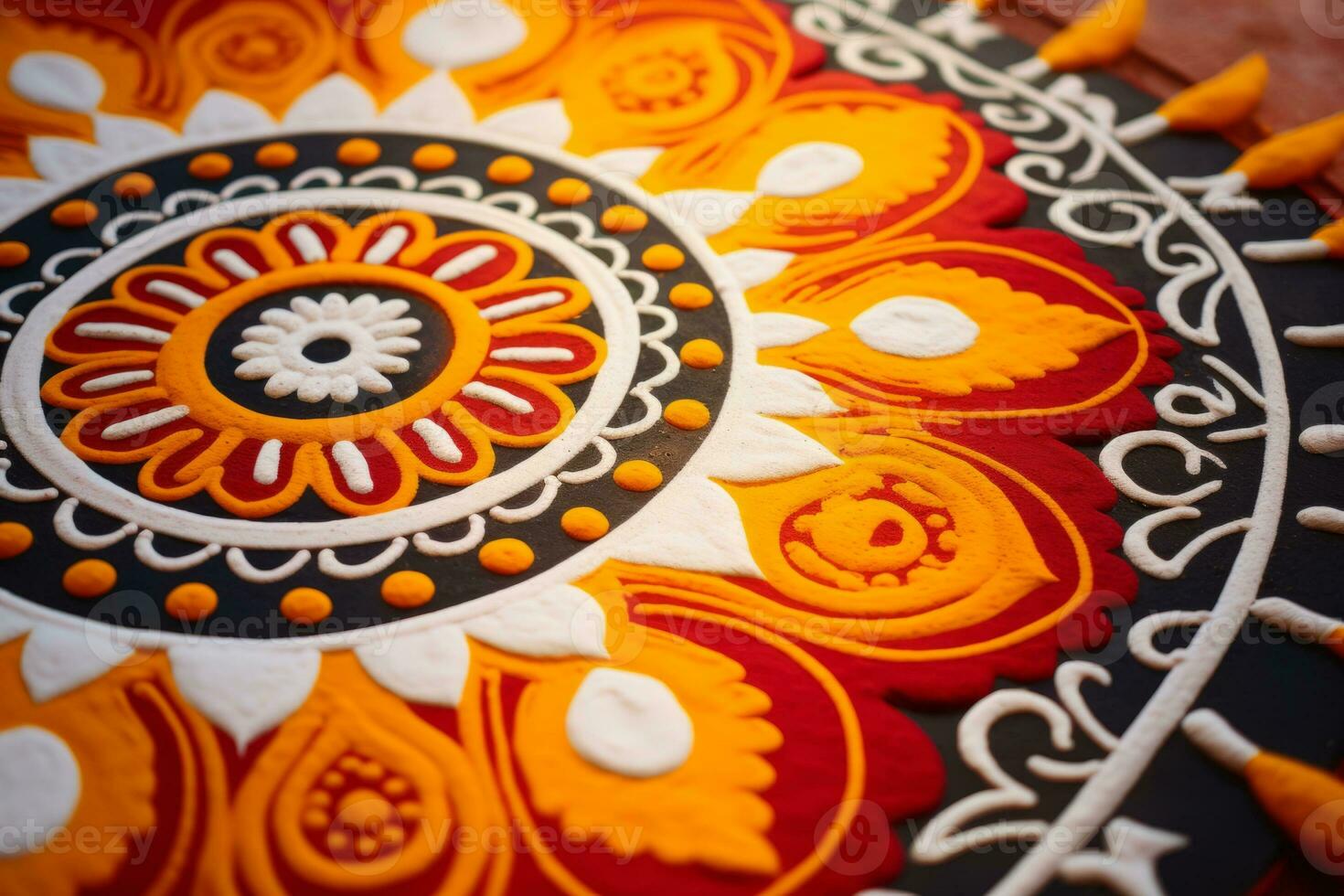 Colorful table with intricate orange and white designs. Generative AI photo