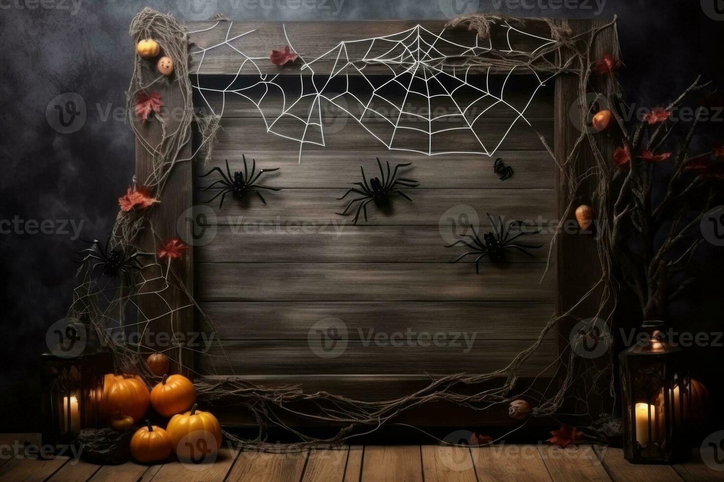 Wooden frame decorated with spider webs and pumpkins. Generative AI photo