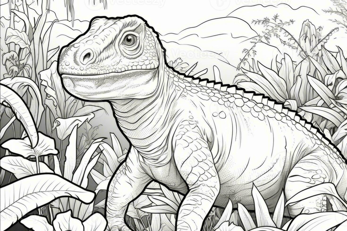 Dinosaur in a vibrant jungle setting, ready to be colored. Generative AI photo