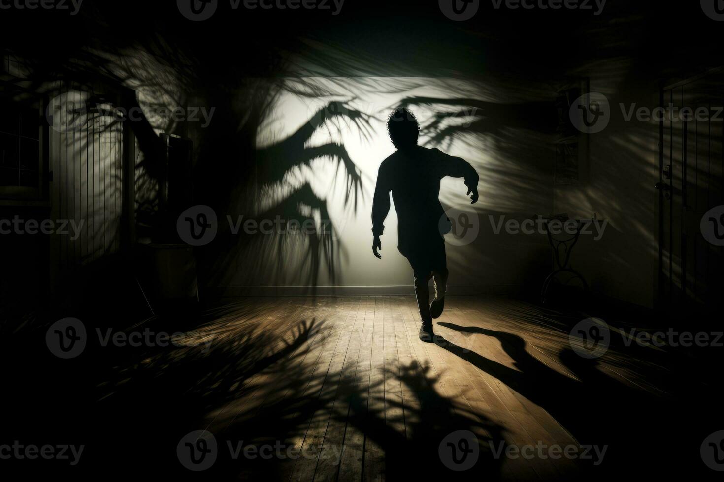 Man running through a dark room in a dramatic silhouette. Generative AI photo