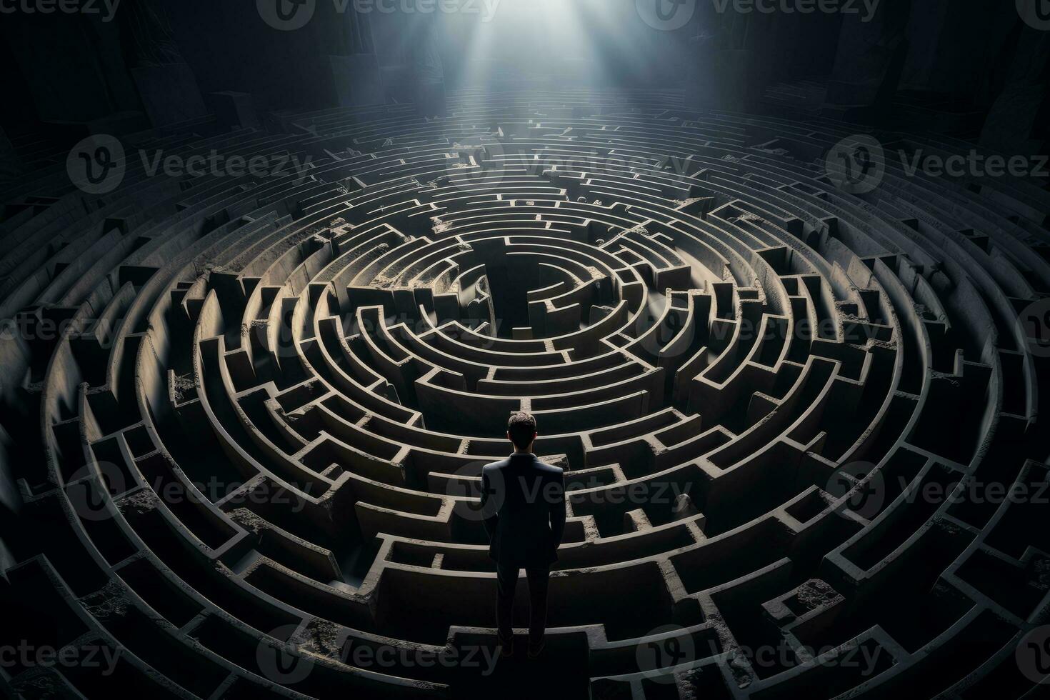 Conceptual image of a person looking at a labyrinth. Generative AI photo