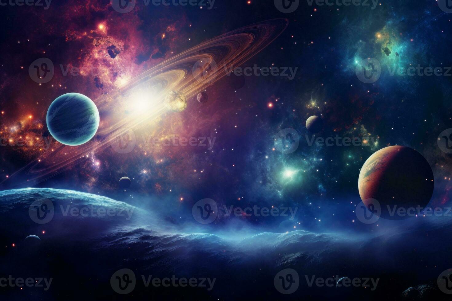 Cosmic Wallpaper with Planets and Galaxies. Generative AI photo