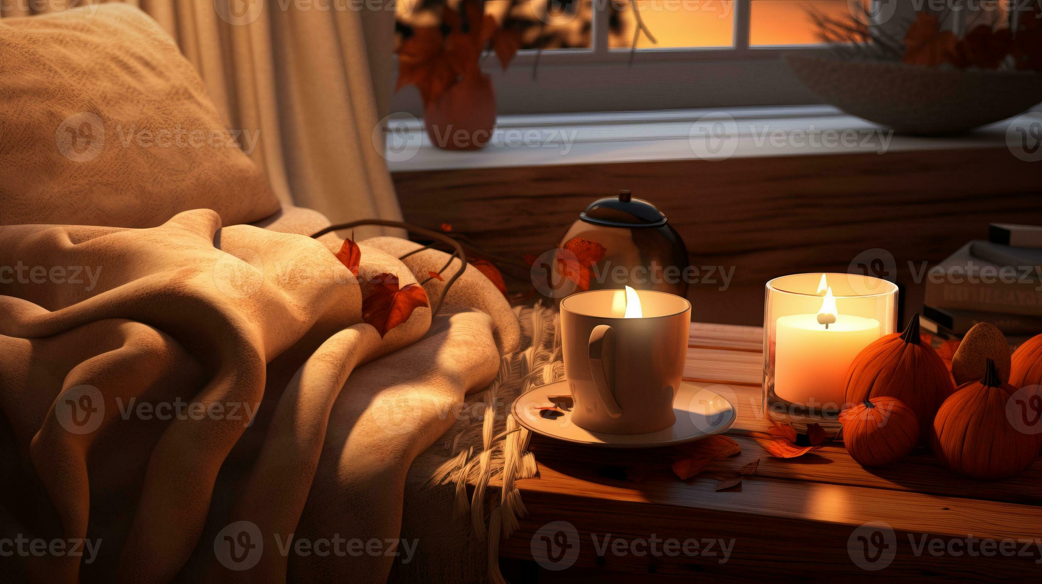 Cozy fall scene with a pumpkin spice scented candle. Generative AI 