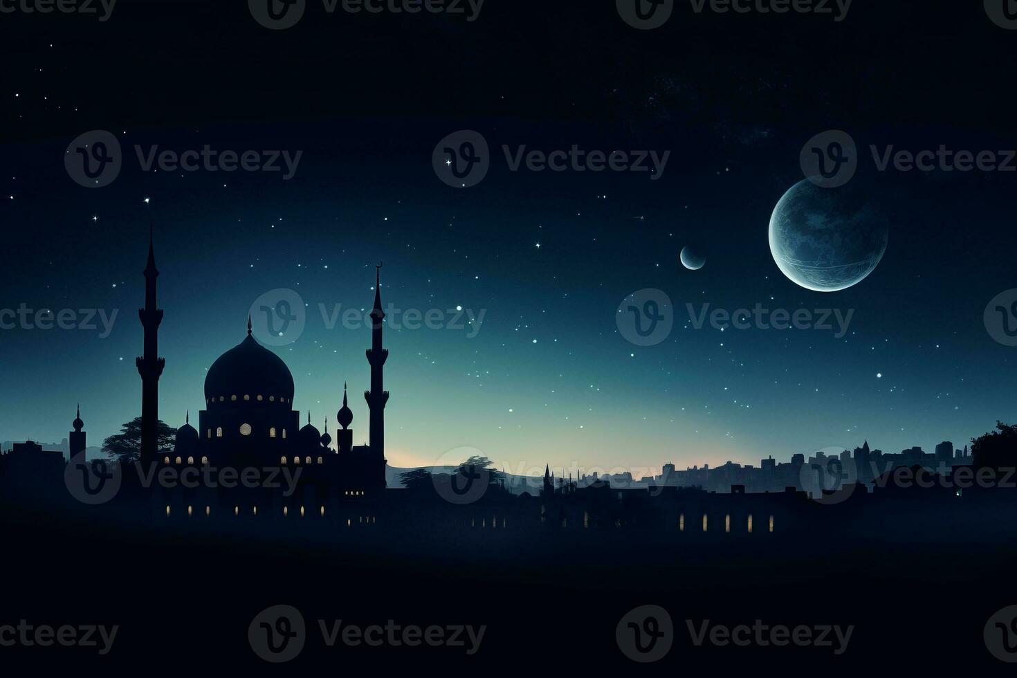Night scene with the moon and a mosque. Generative AI photo