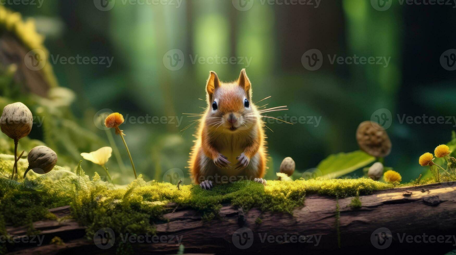 A squirrel is sitting on a mossy log. Generative AI photo