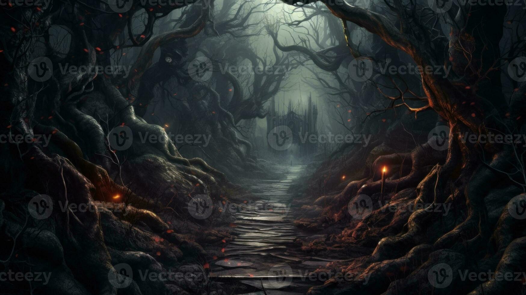 Dark and eerie forest with twisted branches and fallen leaves. Generative AI photo