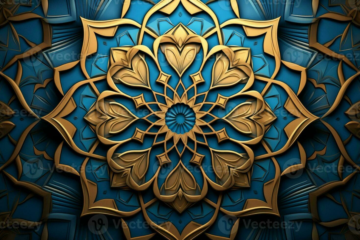 Decorative Islamic patterns in blue and gold. Generative AI photo