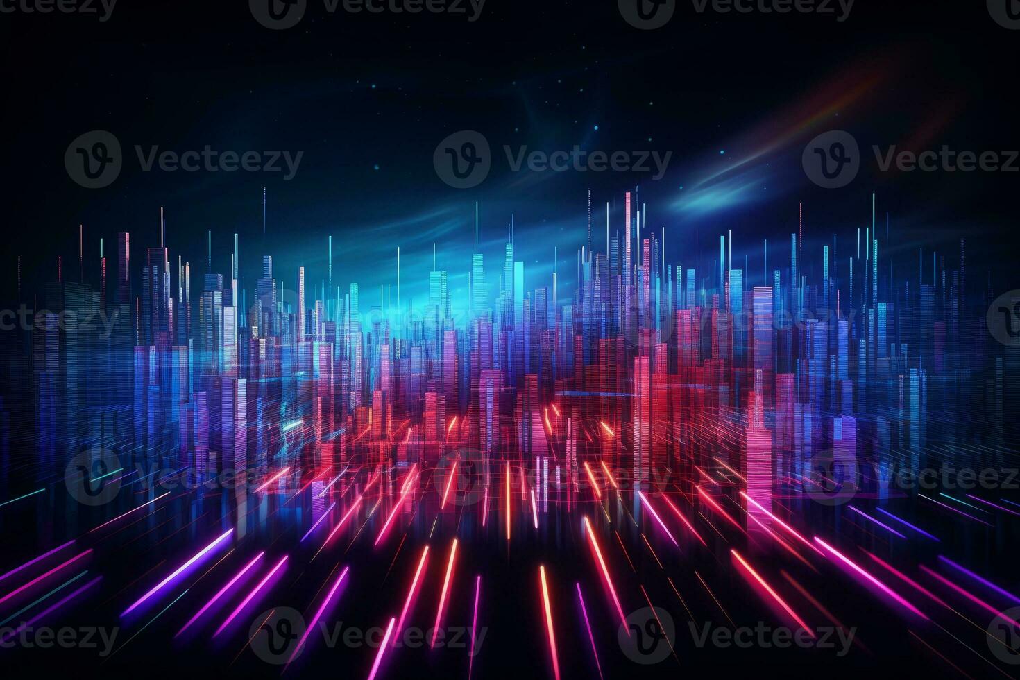 Digital data flow with bright neon lights. Generative AI photo