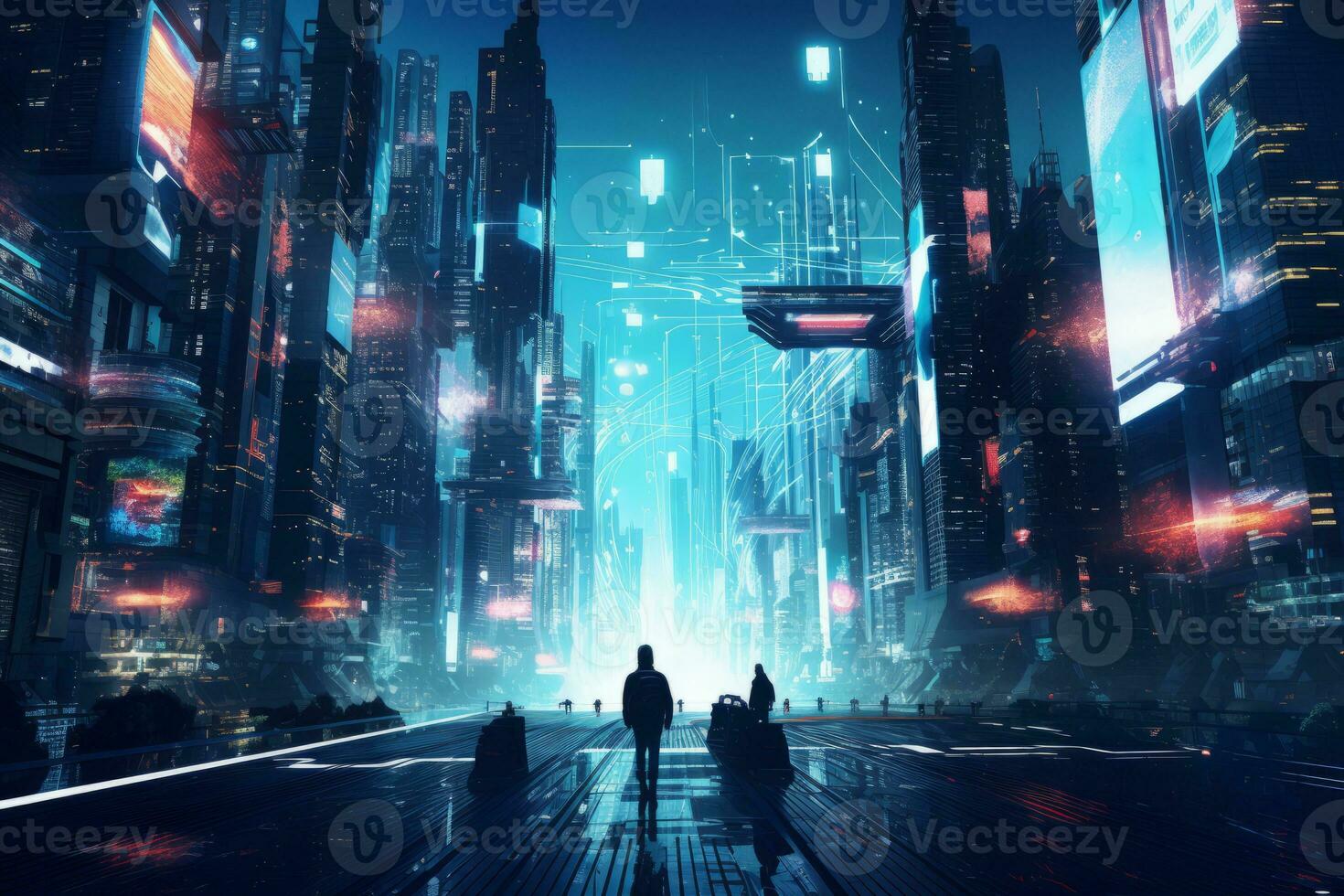 Two people standing in a futuristic city at night. Generative AI photo