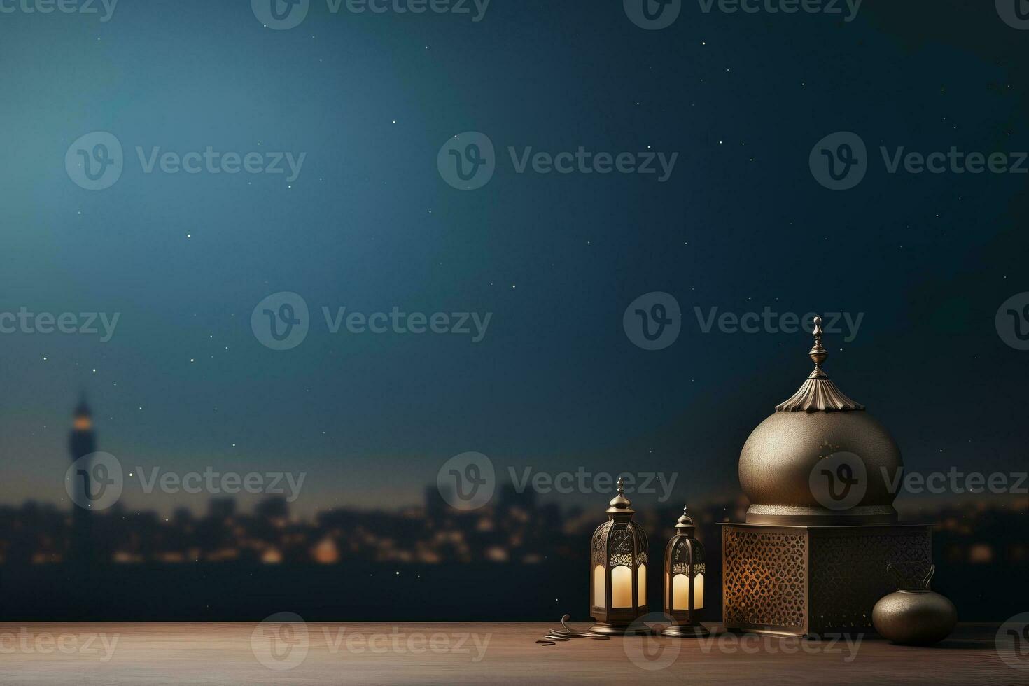 Pair of lanterns on a rustic wooden table. Generative AI photo