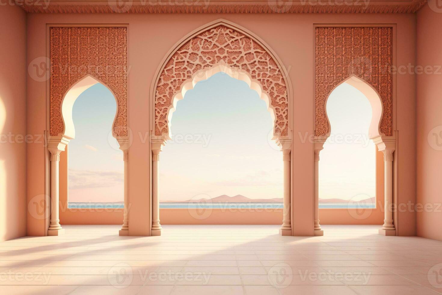Empty room with arches and a view of the ocean. Generative AI photo