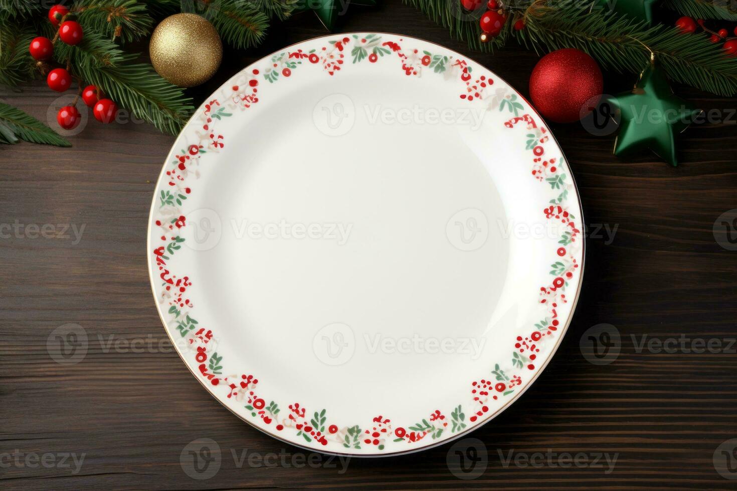 White plate with red and green decorations. Generative AI photo