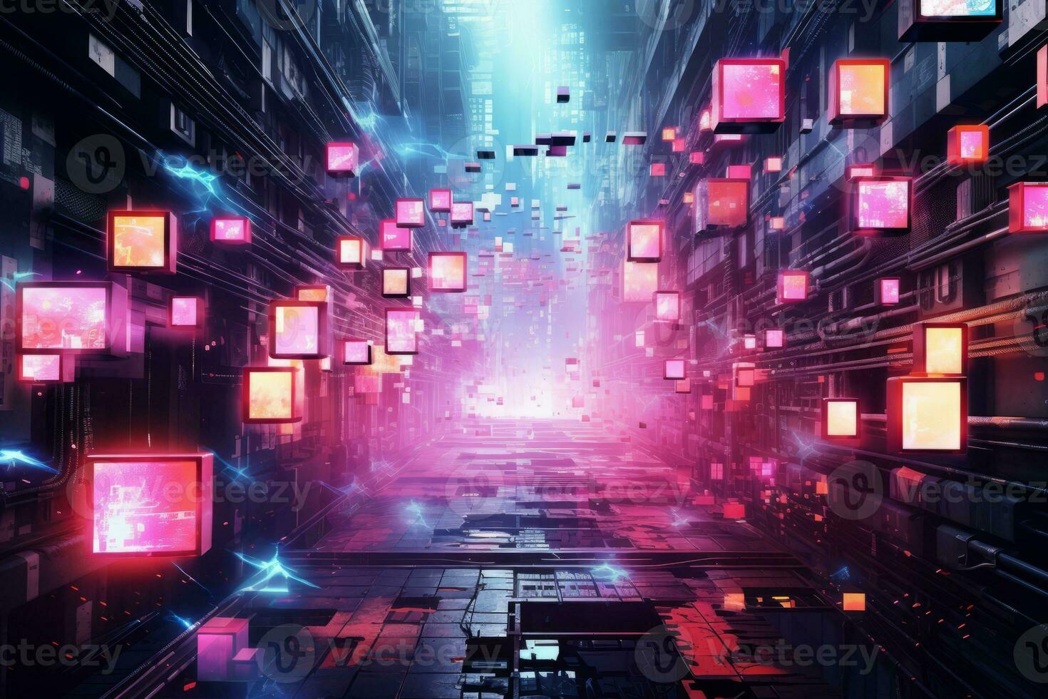 Vibrant and futuristic cityscape illuminated by colorful neon lights. Generative AI photo