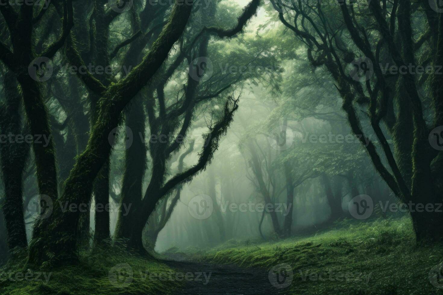 Mysterious wallpaper background with mist-covered trees in a forest. Generative AI photo