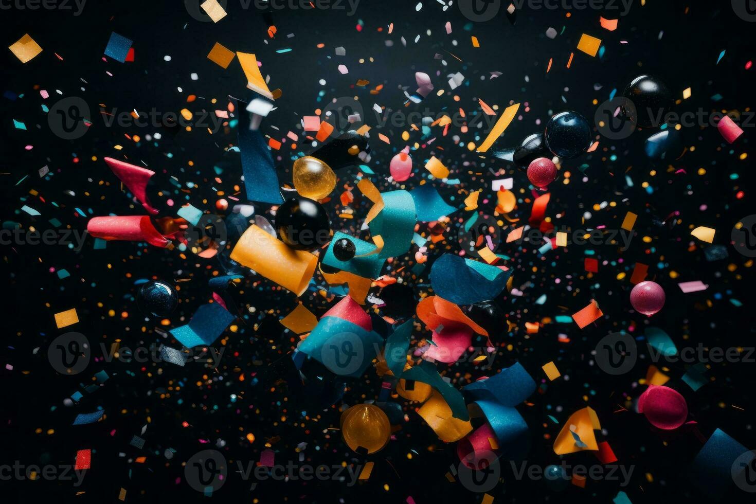 Colorful confetti and streamers on a black background. Generative AI photo