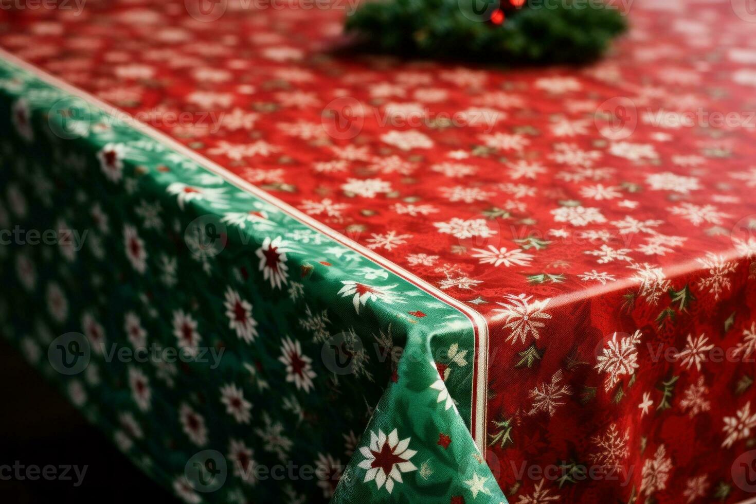 Table with a red and green table cloth. Generative AI photo