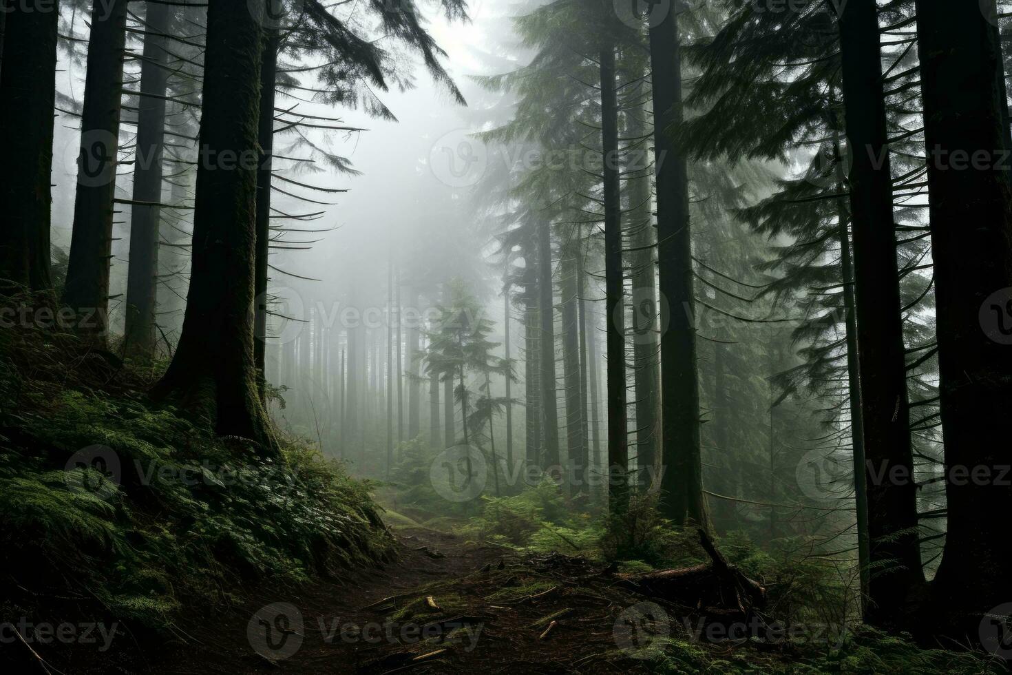 Mysterious Forest with Settling Fog. Generative AI photo