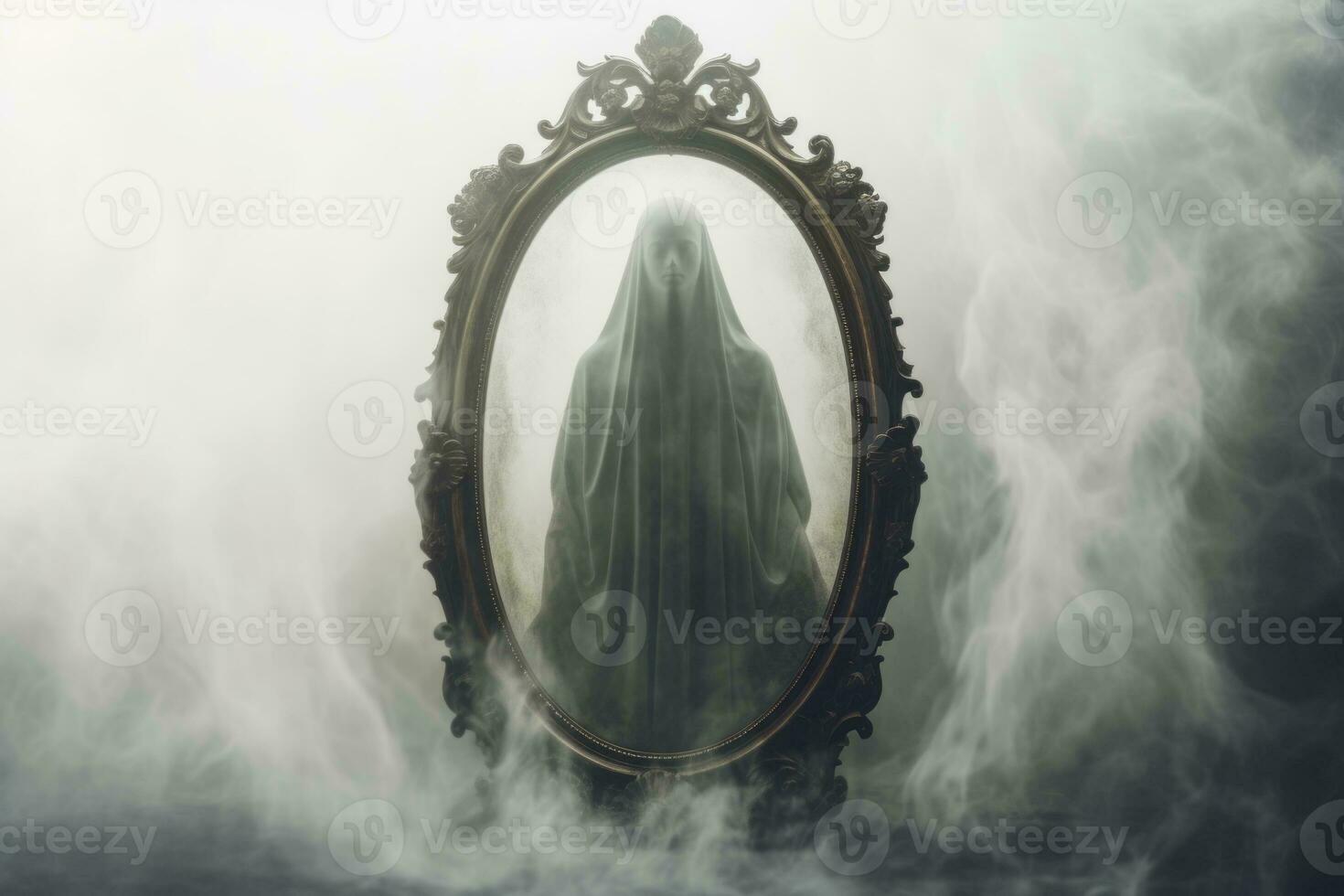 Ghostly apparition in an old mirror on a white background.. Generative AI photo