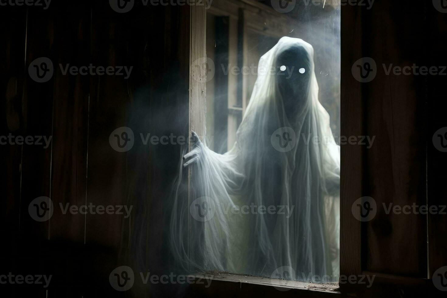 Ghostly apparition peeking through a window.. Generative AI photo