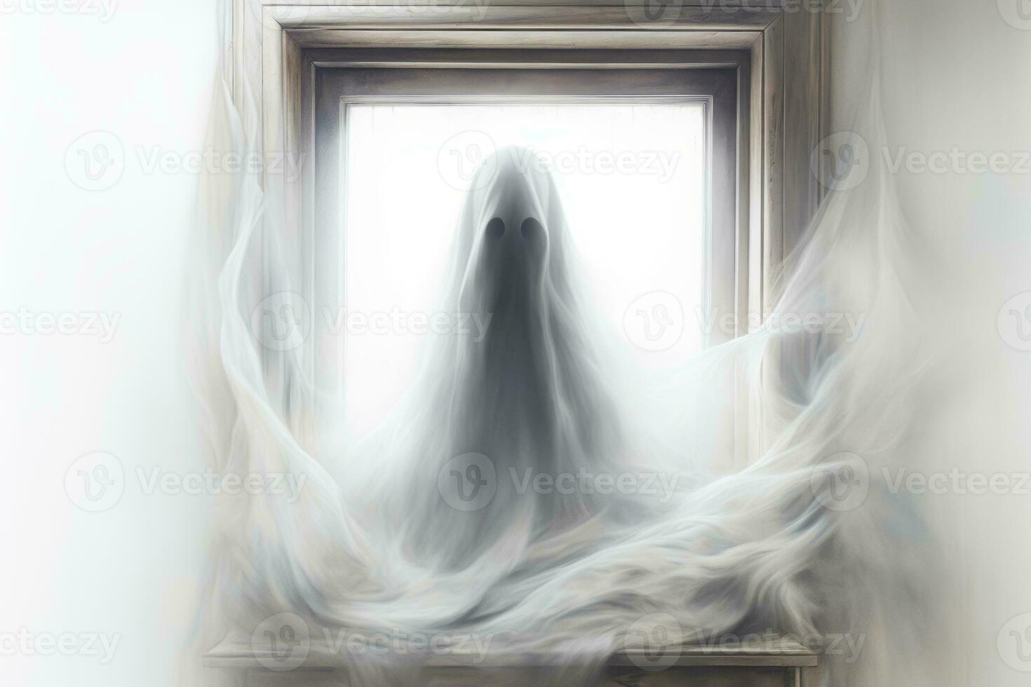 Ghostly apparition peeking through a window on a white background.. Generative AI photo