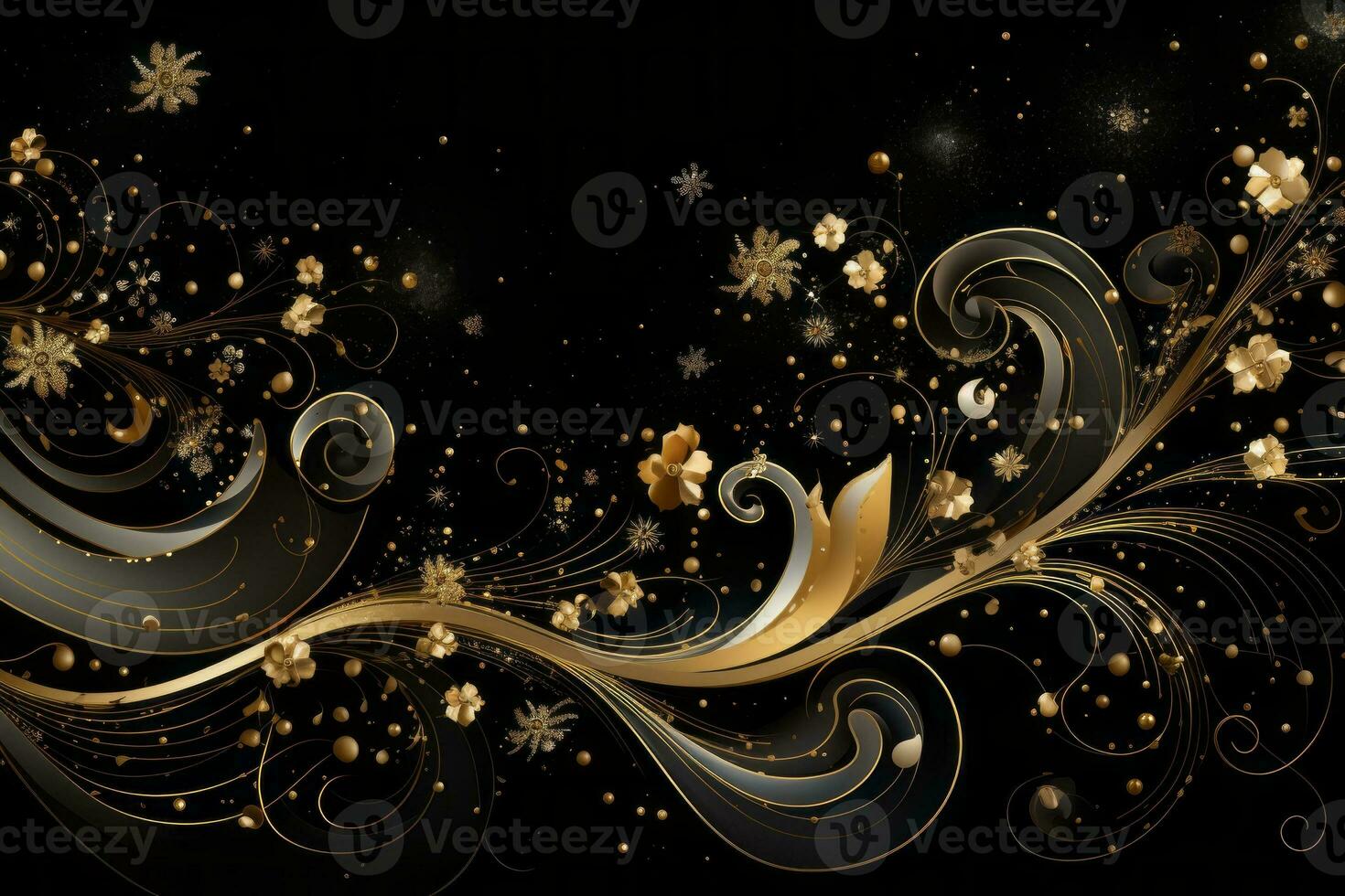 Glittering golden stars and swirls against a backdrop of deep black. Generative AI photo