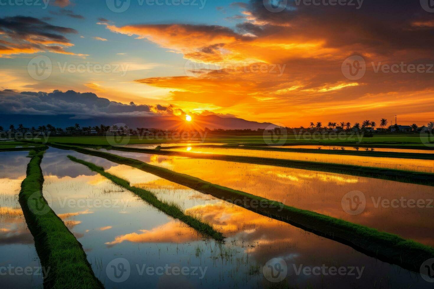 Golden sunset casting a warm glow over a picturesque paddy field. Generative AI photo