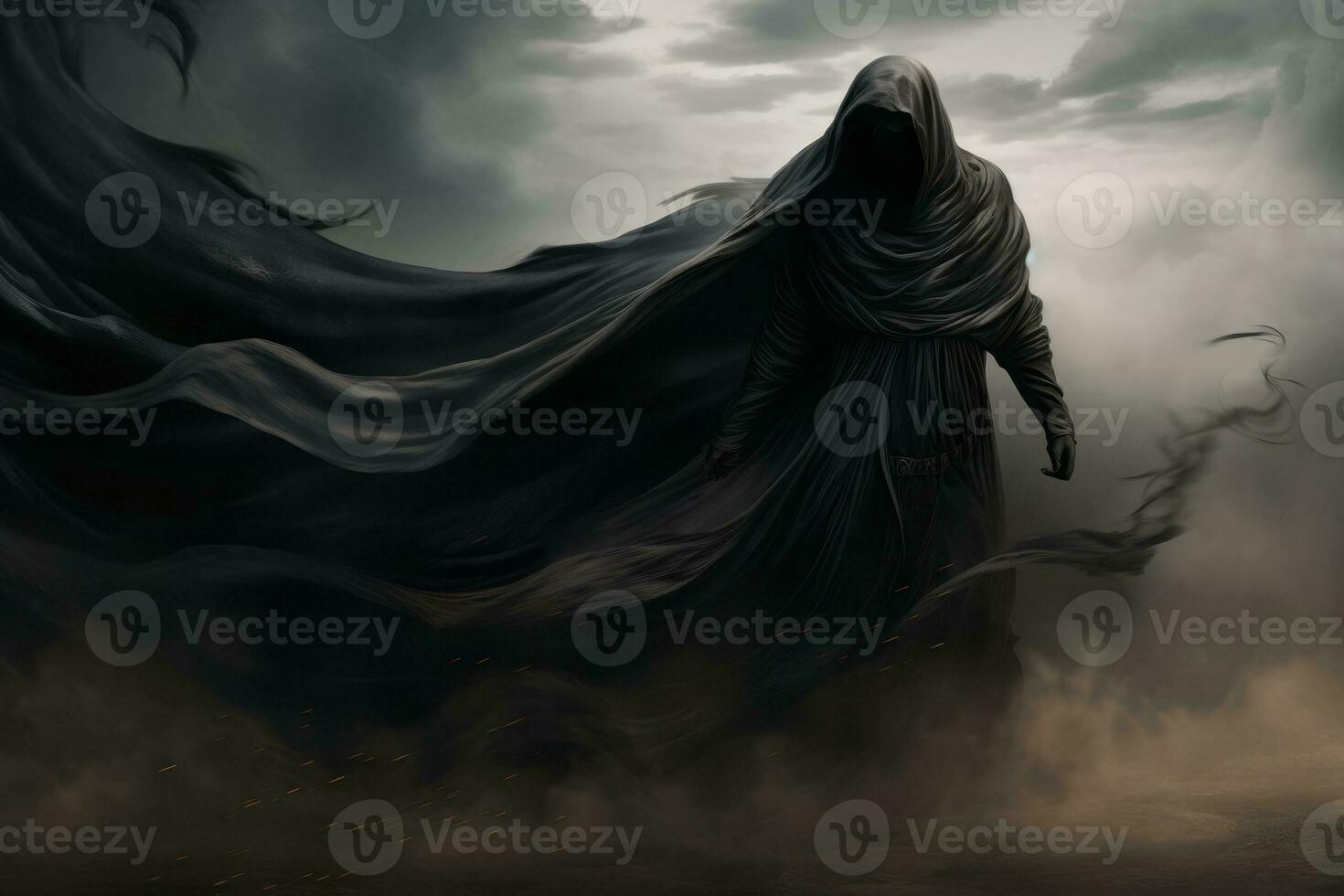 Grim reaper's cloak billowing in the wind.. Generative AI photo