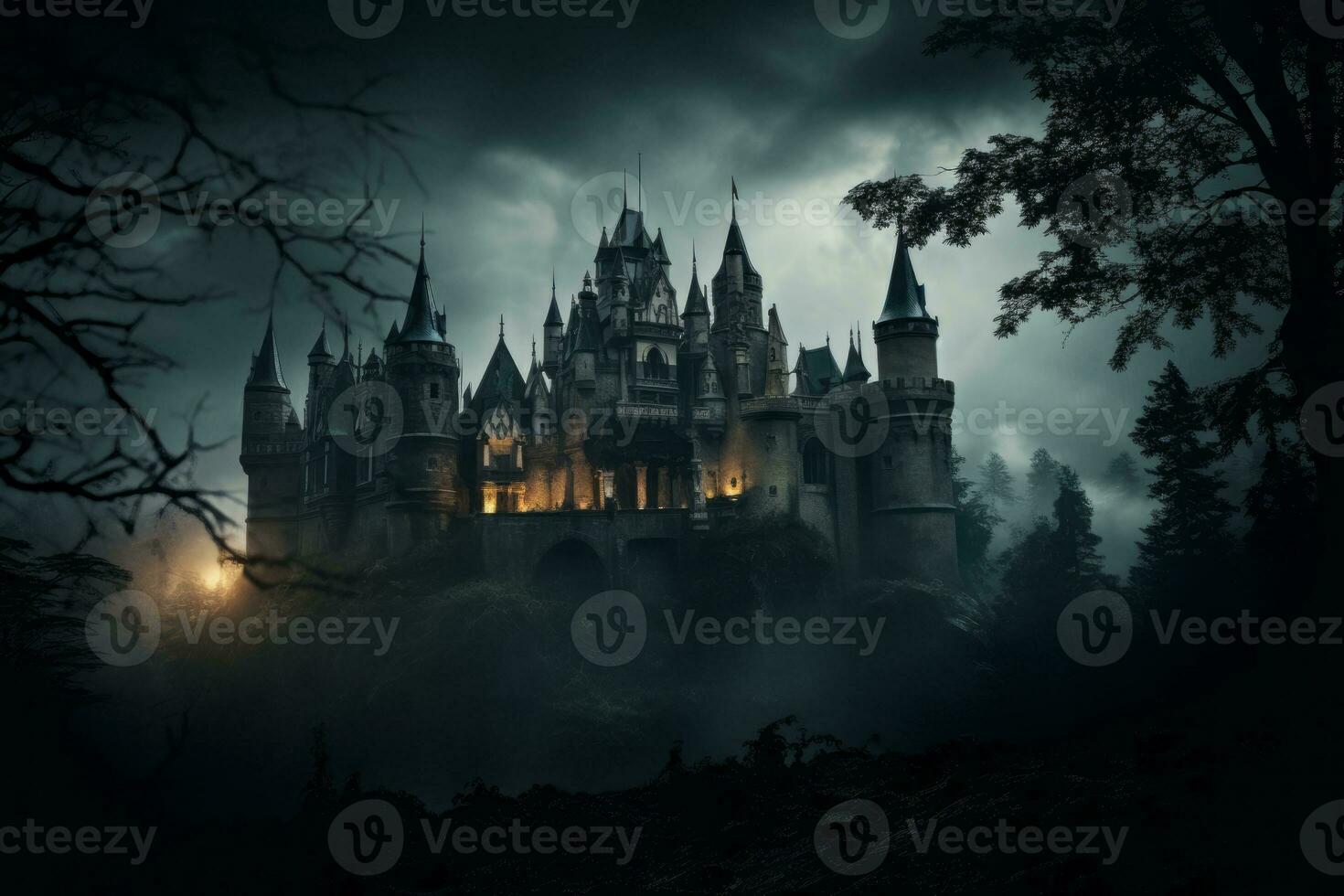 Haunted castle shrouded in darkness.. Generative AI photo