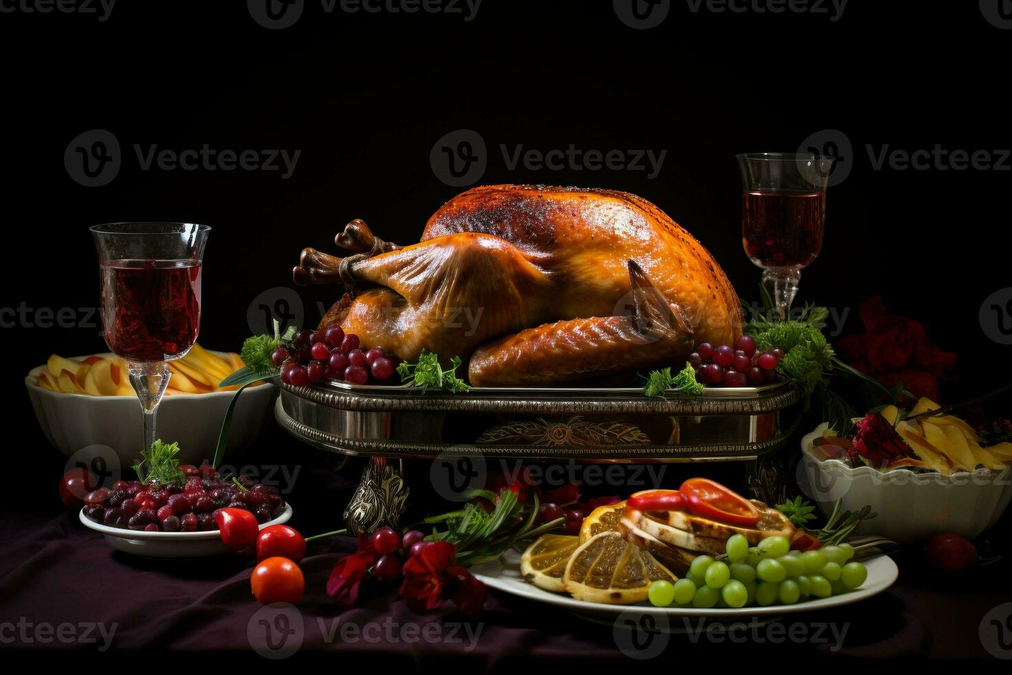 Holiday feast with a delicious turkey. Generative AI photo