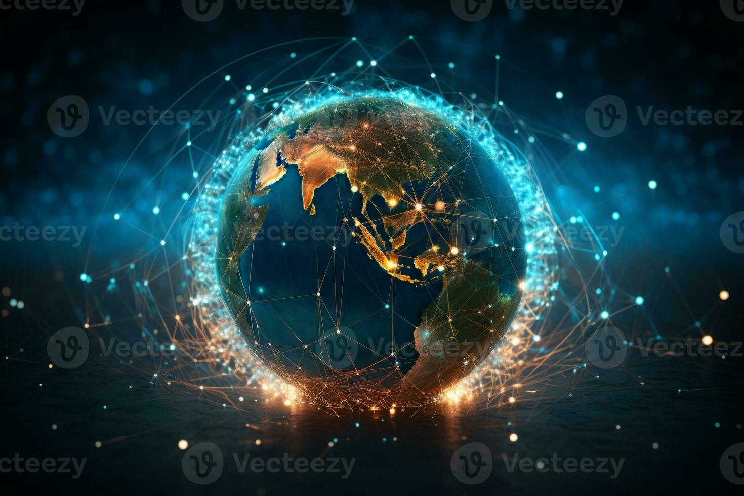 The earth surrounded by a network of lights. Generative AI photo
