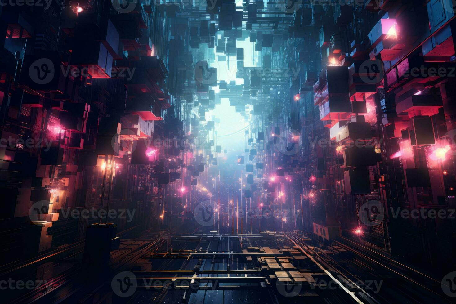 Spacious room illuminated by numerous lights. Generative AI photo