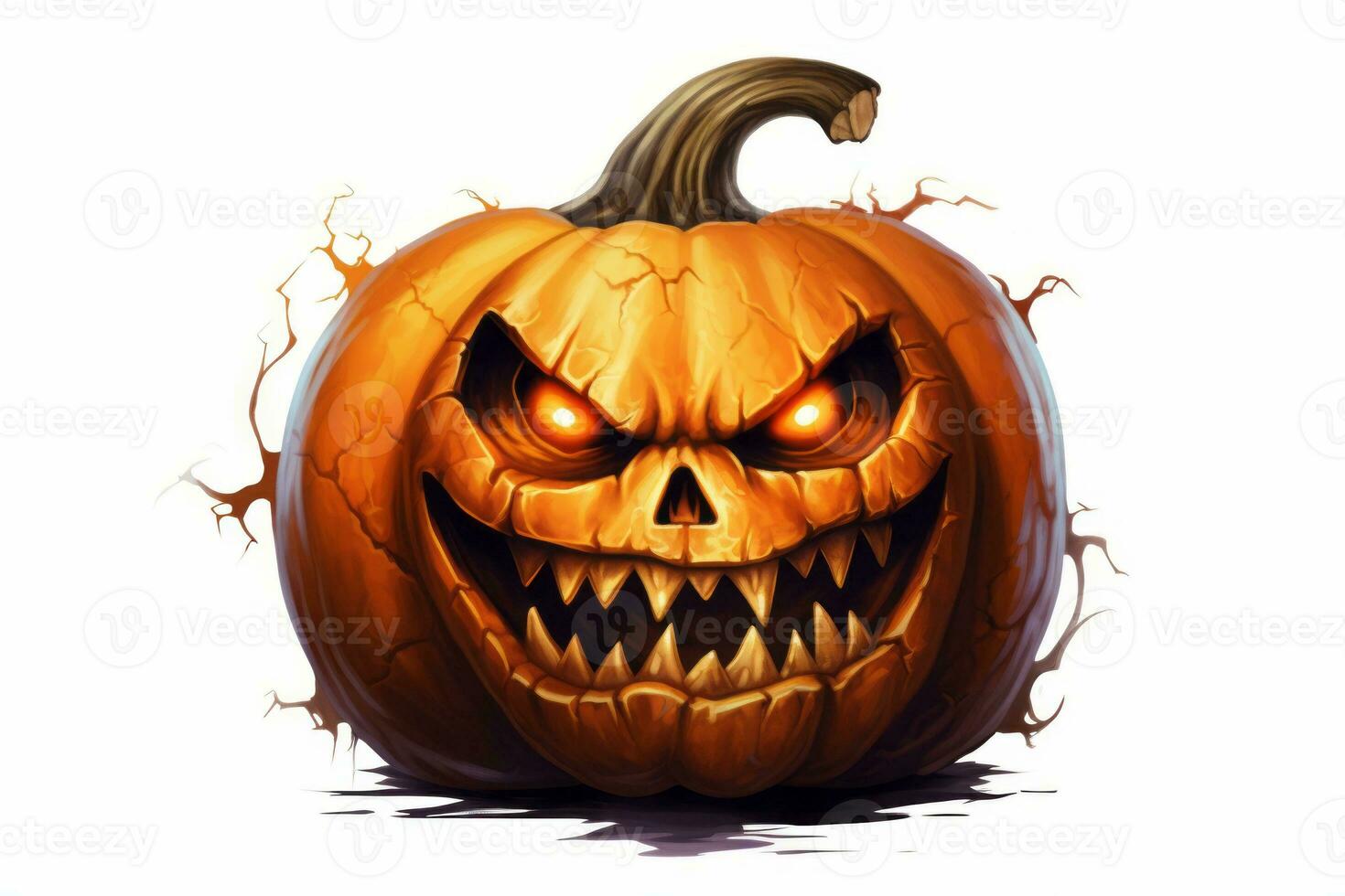 Jack-o'-lantern with a wicked grin on a clean white background. Generative AI photo