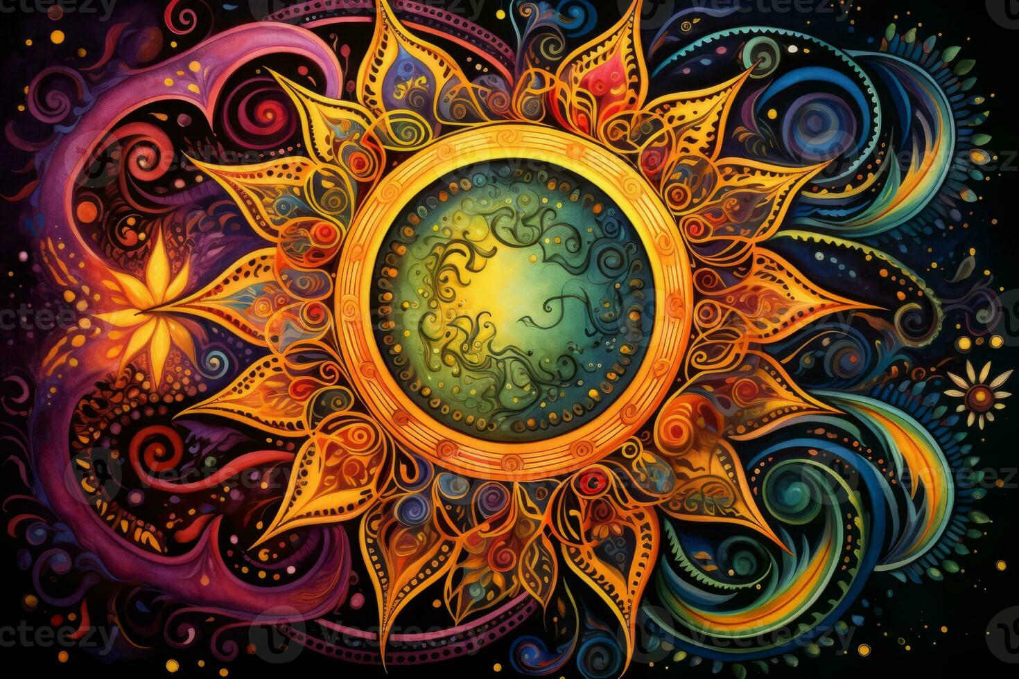 Vibrant sun painting with swirling patterns and starry elements. Generative AI photo