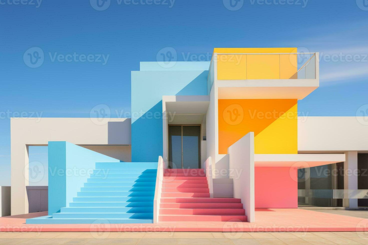 A multicolored building with stairs leading up to it. Generative AI photo
