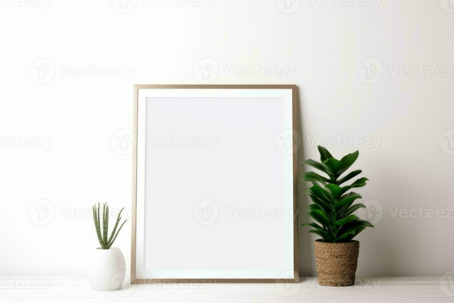 Picture frame and potted plant on a table. Generative AI photo