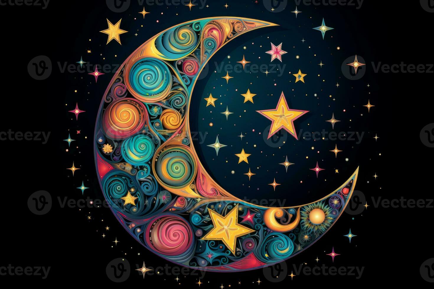 Moon and stars with vibrant colors and Islamic pattern. Generative AI photo