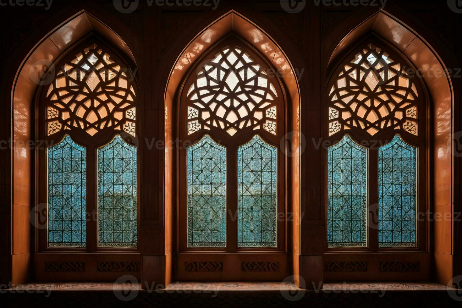 Mosque window with copy space. Generative AI photo